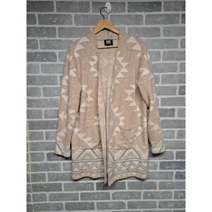 FRYE Aztec Print Open Front Cardigan Sweater Beige White Gray Womens Soft Cozy L